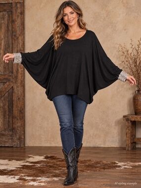 Vocal Black Batwing Sweater Rhinestone Cuffs – Small, Very Oversized